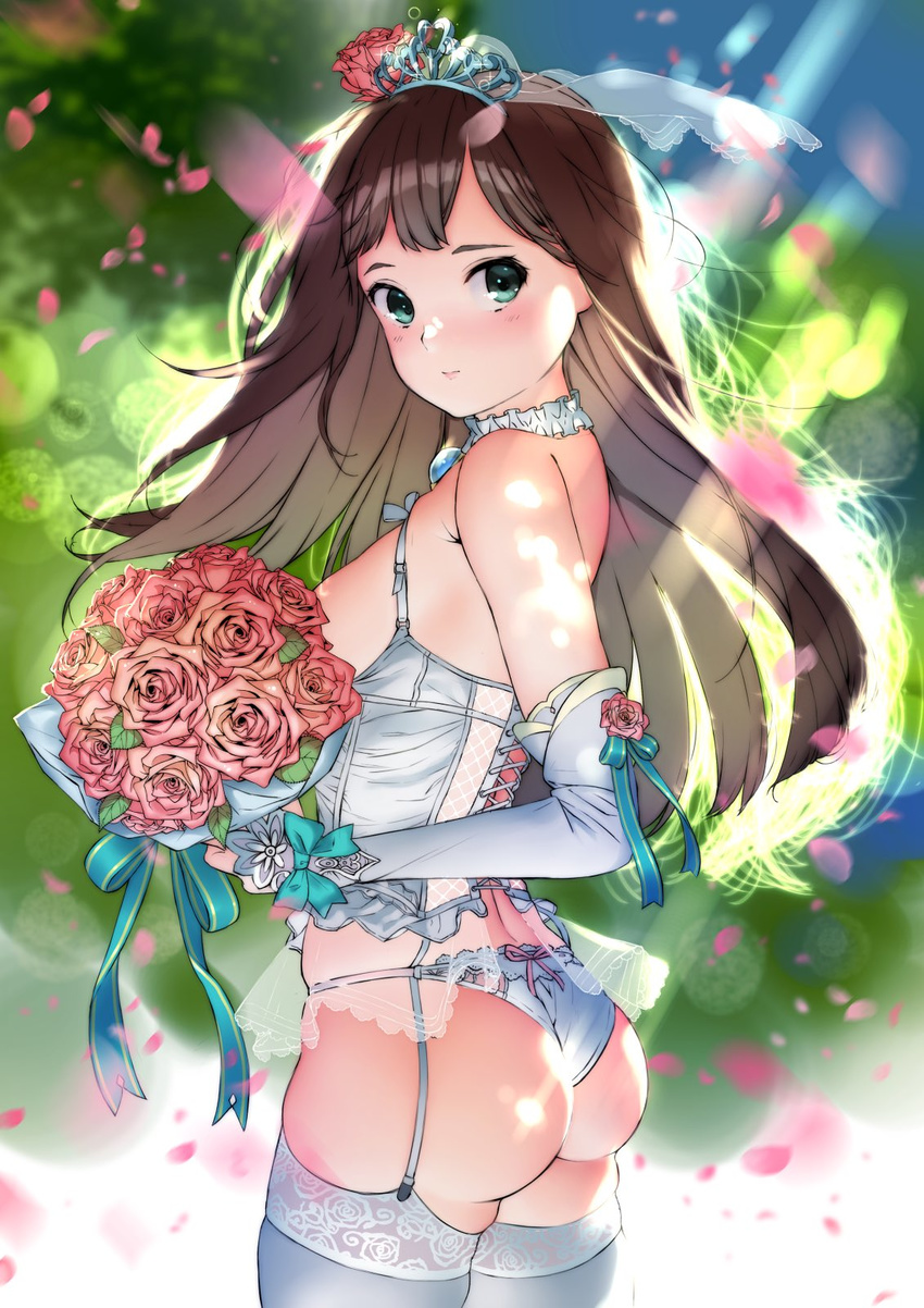 ass backlighting bangs bare_shoulders blurry bokeh bouquet bow breasts breasts_outside bride brooch brown_hair choker corset cowboy_shot cross-laced_clothes depth_of_field detached_sleeves expressionless flower frilled_choker frills from_side garter_straps glint green_eyes hair_flower hair_ornament highres holding holding_bouquet idolmaster idolmaster_cinderella_girls jewelry jorori lace lace-trimmed_panties lace-trimmed_thighhighs laces lingerie long_hair looking_at_viewer looking_back medium_breasts panties petals red_flower red_rose rose shibuya_rin sideboob skindentation sleeves_past_wrists small_breasts solo string_panties sunlight tareme thighhighs tiara underbust underwear underwear_only veil white_legwear white_panties