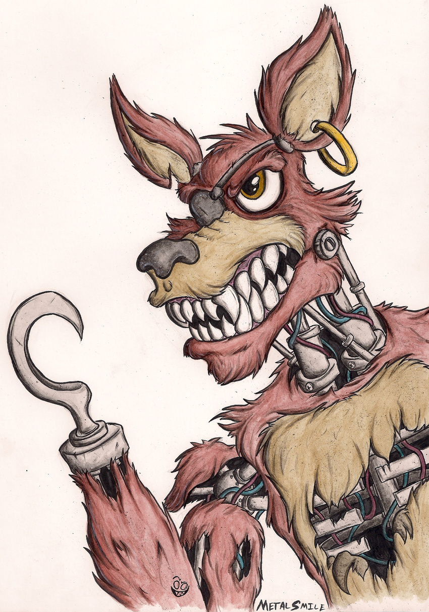 2016 angry animatronic anthro canine clothed clothing damaged ear_piercing exposed_endoskeleton eye_patch eyewear fangs five_nights_at_freddy's fox foxy_(fnaf) front_view hook hook_hand jewelry machine male mammal metalsmile piercing pirate pose robot sharp_teeth simple_background solo standing teeth topless traditional_media_(artwork) video_games watercolor_(artwork) white_background wires