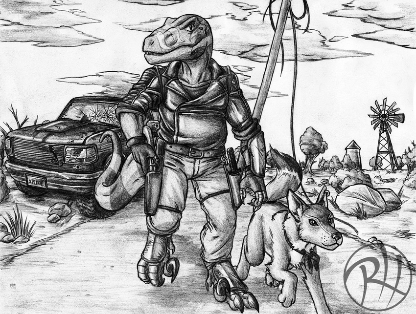 anthro anthrosaurs canine clothing dinosaur dog gun jacket leather leather_jacket mad_max mammal post-apocalyptic predaguy ranged_weapon raptor road ruins shotgun theropod truck vehicle weapon