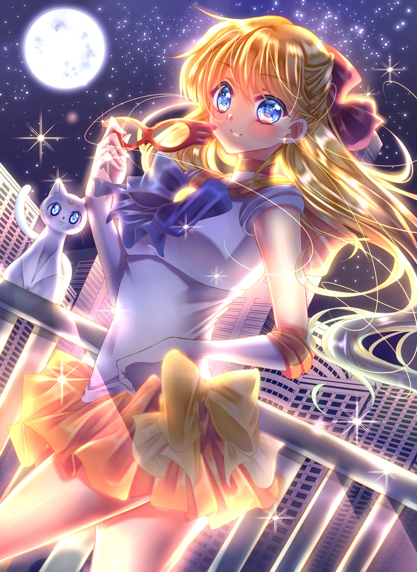 1girl absurdres aino_minako artemis_(sailor_moon) artist_request bishoujo_senshi_sailor_moon blonde_hair blue_eyes bow breasts cat choker circlet city earring gloves long_hair looking_at_viewer mask medium_breasts moon night ribbon sailor_venus school_uniform serafuku shiny skirt smile sparkle stars very_long_hair white_gloves