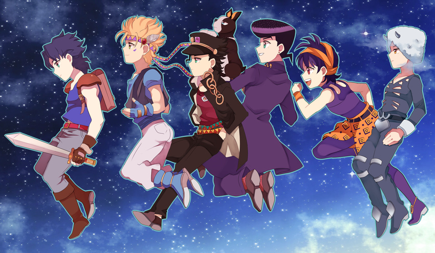 animal animal_on_head backpack bag battle_tendency black_hair blonde_hair caesar_anthonio_zeppeli chain diamond_wa_kudakenai dog earrings facial_mark fingerless_gloves from_side gakuran gloves green_eyes grin hairband hands_in_pockets hat headband higashikata_jousuke highres horns iggy_(jojo) jewelry jojo_no_kimyou_na_bouken jonathan_joestar kuujou_joutarou male_focus mozuku_(13domon) narancia_ghirga on_head orange_eyes phantom_blood pompadour purple_hair red_eyes ribbed_legwear school_uniform shoulder_pads sky smile socks star_(sky) stardust_crusaders starry_sky stone_ocean stud_earrings sword vento_aureo weapon weather_report white_hair winged_hair_ornament yellow_eyes