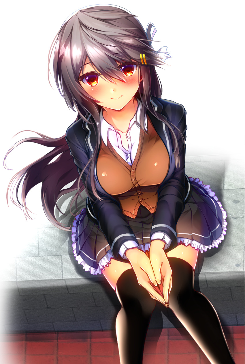 1girl black_hair black_legwear black_skirt blue_jacket blush breasts brown_cardigan brown_eyes cardigan collared_shirt commentary_request hair_ornament hair_ribbon hairband hairclip hands_together haruna_(kantai_collection) highres jacket kantai_collection large_breasts long_hair long_sleeves looking_at_viewer open_clothes open_jacket petticoat pleated_skirt remodel_(kantai_collection) ribbon shirt sitting skindentation skirt smile solo thighhighs tsukui_kachou white_ribbon white_shirt