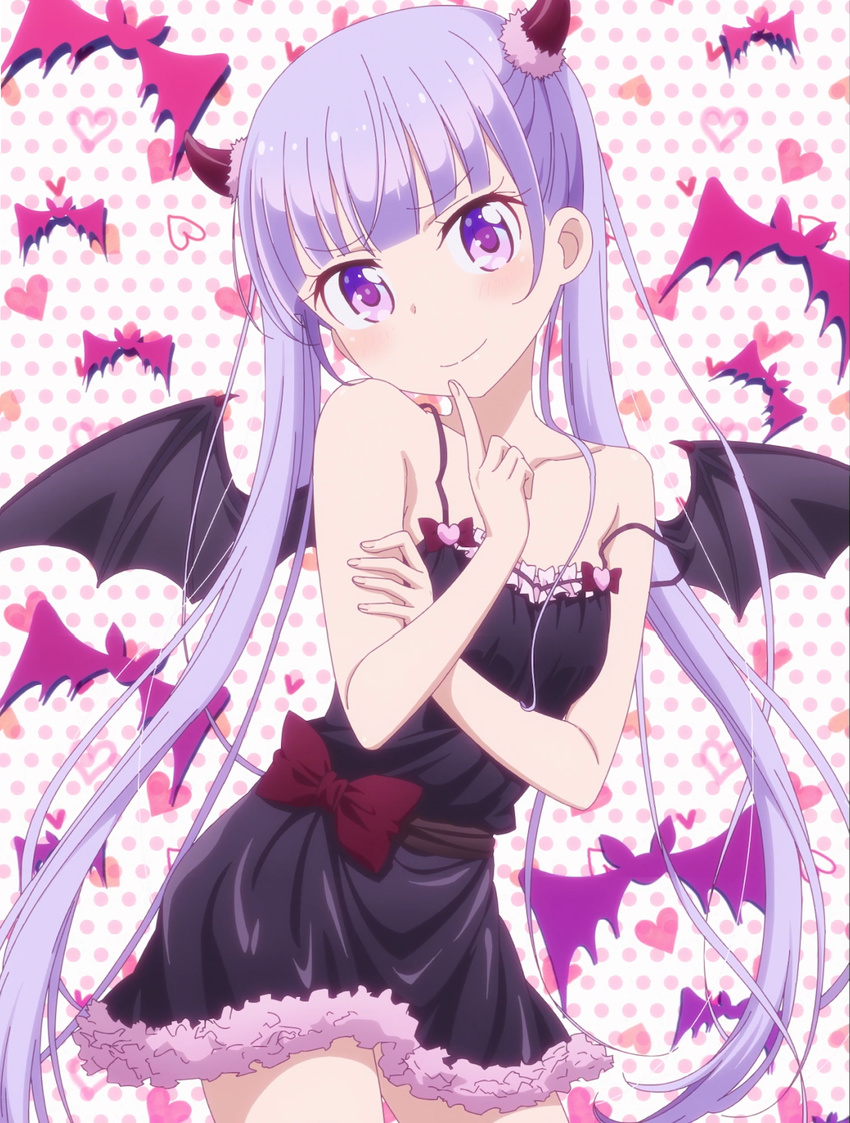 bat_wings bow horns lingerie loose_strap new_game! purple_eyes silver_hair suzukaze_aoba twintails