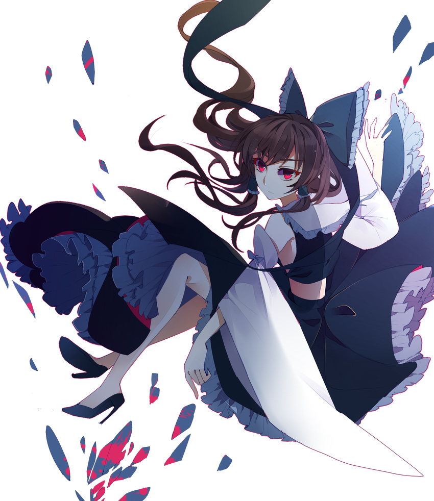 alternate_color bad_id bad_pixiv_id baocaizi black_footwear black_shirt black_skirt bow brown_hair closed_mouth colored_eyelashes detached_sleeves expressionless frilled_bow frilled_skirt frills full_body hair_bow hair_ribbon hair_tubes hakurei_reimu hand_up high_heels highres legs long_ponytail long_skirt player_2 red_eyes ribbon shards shiny shiny_hair shirt shoes short_hair skirt skirt_lift solo touhou transparent_background white_sleeves wide_sleeves