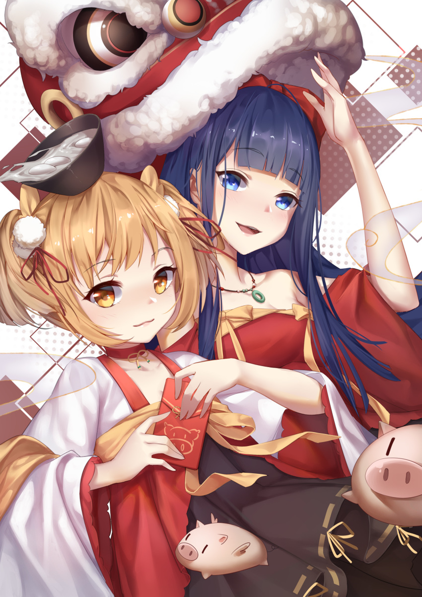 2girls :3 :d absurdres ajio_(pixiv7718798) blue_eyes blue_hair blush bow bowl brown_hair chinese_new_year chinese_zodiac choker closed_mouth commentary_request eyebrows_visible_through_hair hair_bow highres holding jewelry long_hair looking_at_viewer multiple_girls necklace on_head open_mouth otoshidama pig pipimi pom_pom_(clothes) poptepipic popuko red_bow short_hair smile twintails year_of_the_pig
