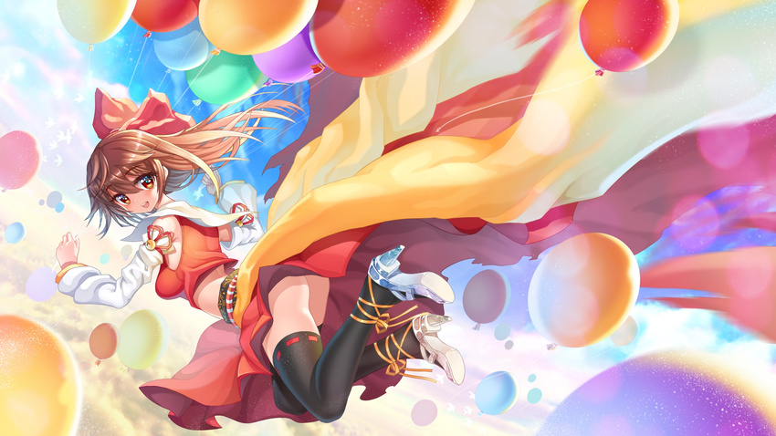 above_clouds adapted_costume alternate_hair_color arm_ribbon ass back bad_id bad_pixiv_id balloon bangs bell bird black_legwear blue_sky blurry bow breasts brown_hair cloud crop_top depth_of_field detached_sleeves floating glass_slipper hair_between_eyes hair_bow hakurei_reimu high_heels highres kofboy light_particles looking_at_viewer looking_back medium_breasts midriff mismatched_footwear no_panties obi open_mouth orange_eyes perspective red_shirt red_skirt reflective_eyes ribbon ribbon-trimmed_legwear ribbon_trim sash shiny shiny_hair shirt shoe_ribbon skirt sky smile solo thighhighs thighs touhou