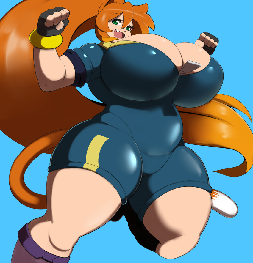 2016 animal_humanoid big_breasts blue_background boots breasts cat_humanoid cleavage clothed clothing eikasianspire fangs feline female fingerless_gloves footwear fur gloves green_eyes hair huge_breasts human humanoid long_hair looking_back mammal open_mouth orange_fur orange_hair overalls simple_background smile solo teeth thick_thighs tight_clothing voluptuous white_fur wide_hips zipper