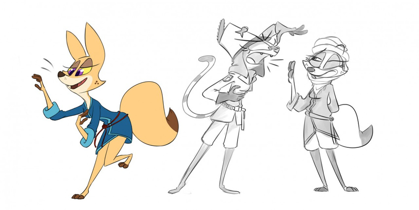 anthro barefoot bathrobe canine cat clothed clothing duo eleanor farah feline female fennec fox lenyavok mammal multiple_scenes purple_eyes robe sketch smile uniform yelling