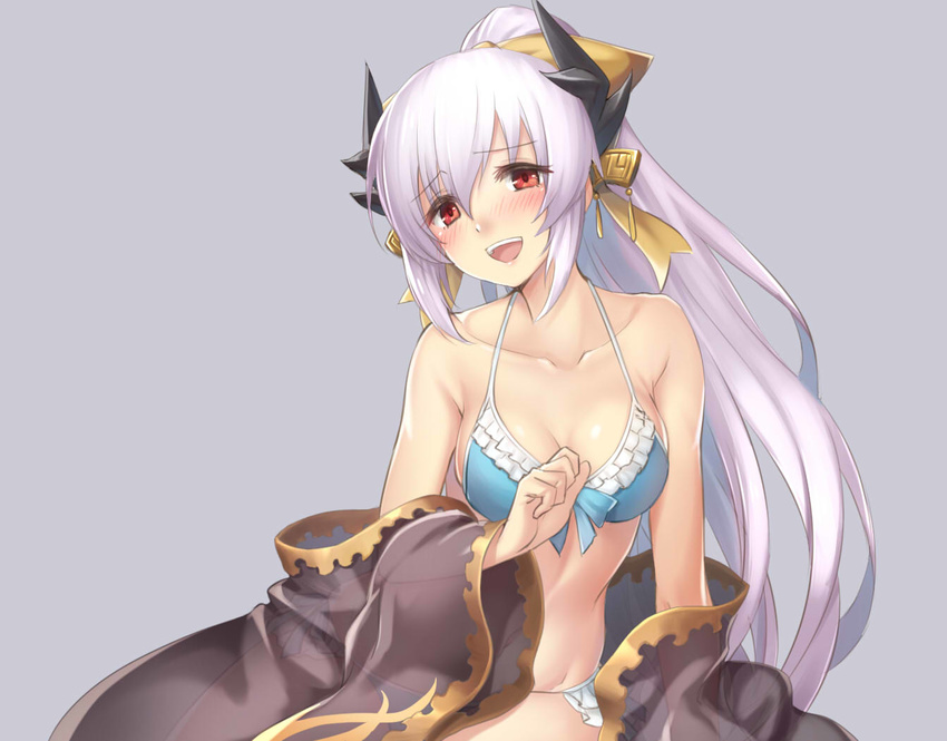 :d arm_support bare_arms bare_shoulders bikini blue_bikini blue_ribbon bow breasts cleavage collarbone dark_skin earrings fate/grand_order fate_(series) frilled_bikini frills front-tie_bikini front-tie_top grey_background hair_bow horns jewelry kiyohime_(fate/grand_order) kiyohime_(swimsuit_lancer)_(fate) lavender_hair long_hair long_sleeves looking_at_viewer medium_breasts navel open_mouth oukawa_yuu ponytail red_eyes ribbon silver_hair simple_background sitting smile solo stomach swimsuit teeth thighs very_long_hair wide_sleeves yellow_bow yokozuwari