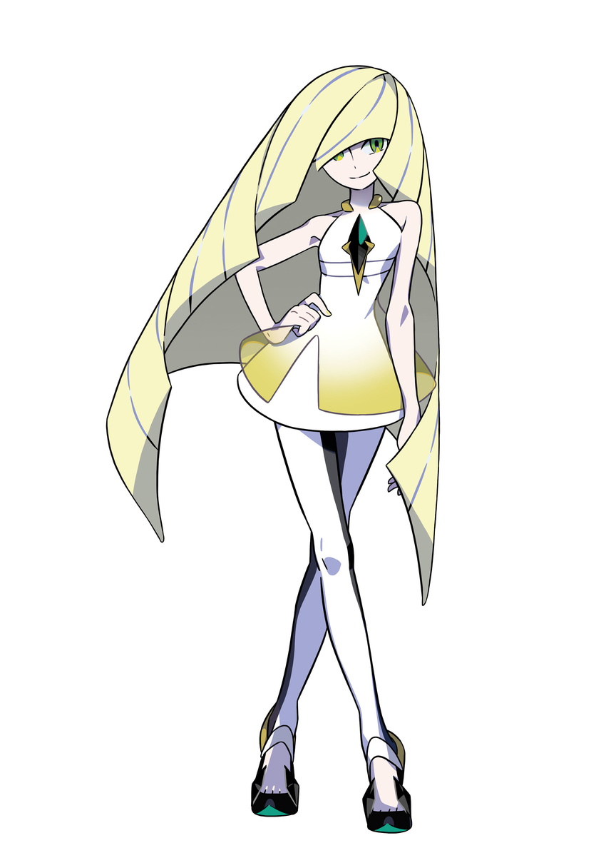 absurdres bangs bare_arms blonde_hair blue_hair commentary crossed_legs diamond dress empty_eyes full_body green_eyes hair_over_one_eye hand_on_hip highres long_hair looking_at_viewer lusamine_(pokemon) multicolored_hair nail_polish official_art pantyhose pokemon pokemon_(game) pokemon_sm see-through shoes short_dress simple_background sleeveless sleeveless_dress smile solo standing streaked_hair take_(illustrator) toe_cleavage very_long_hair watson_cross white_background white_legwear yellow_nails