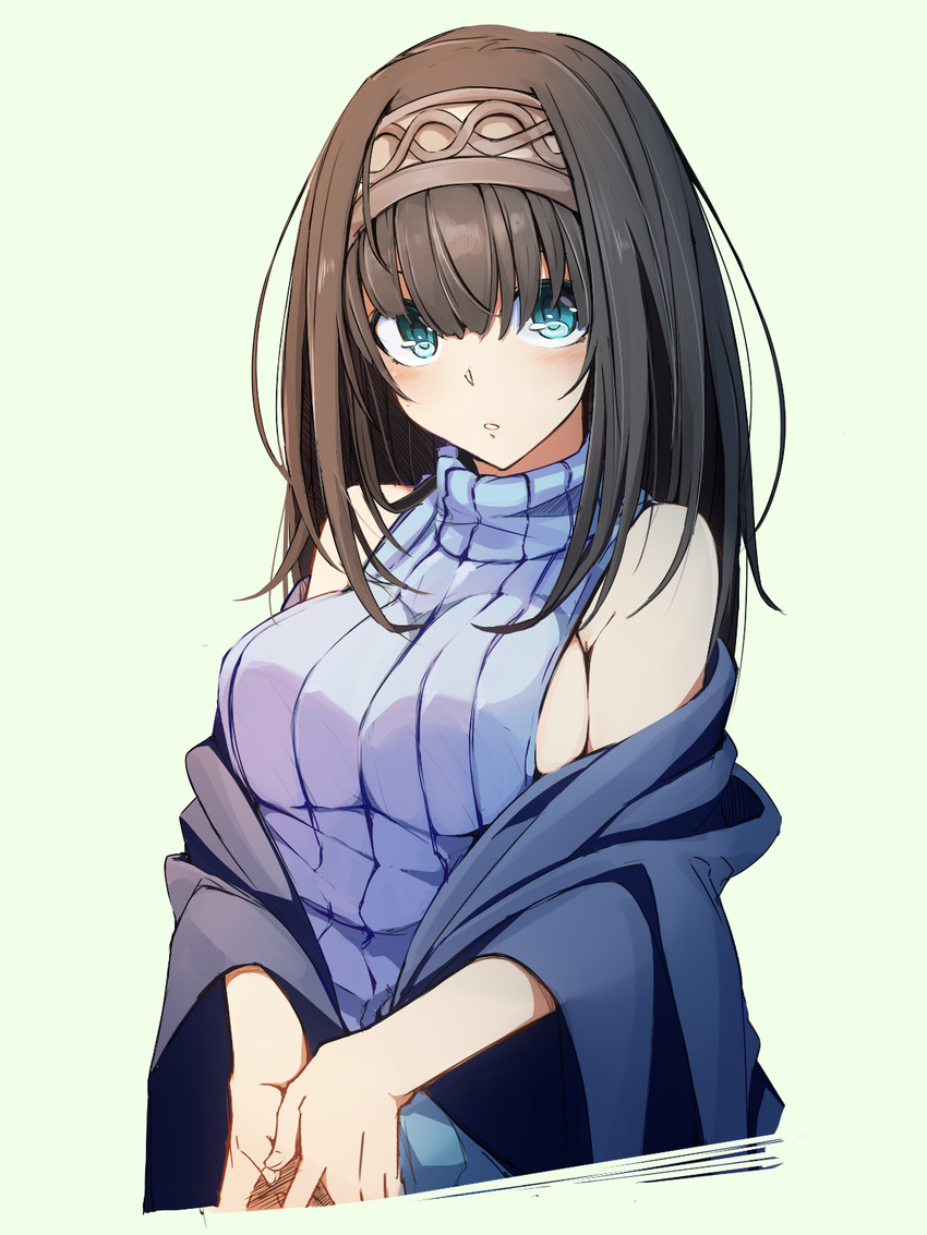 black_hair blue_eyes blush breasts hairband highres idolmaster idolmaster_cinderella_girls kazenoko large_breasts long_hair looking_at_viewer meme_attire parted_lips ribbed_sweater sagisawa_fumika shawl sideboob simple_background sleeveless sleeveless_turtleneck solo sweater turtleneck virgin_killer_sweater