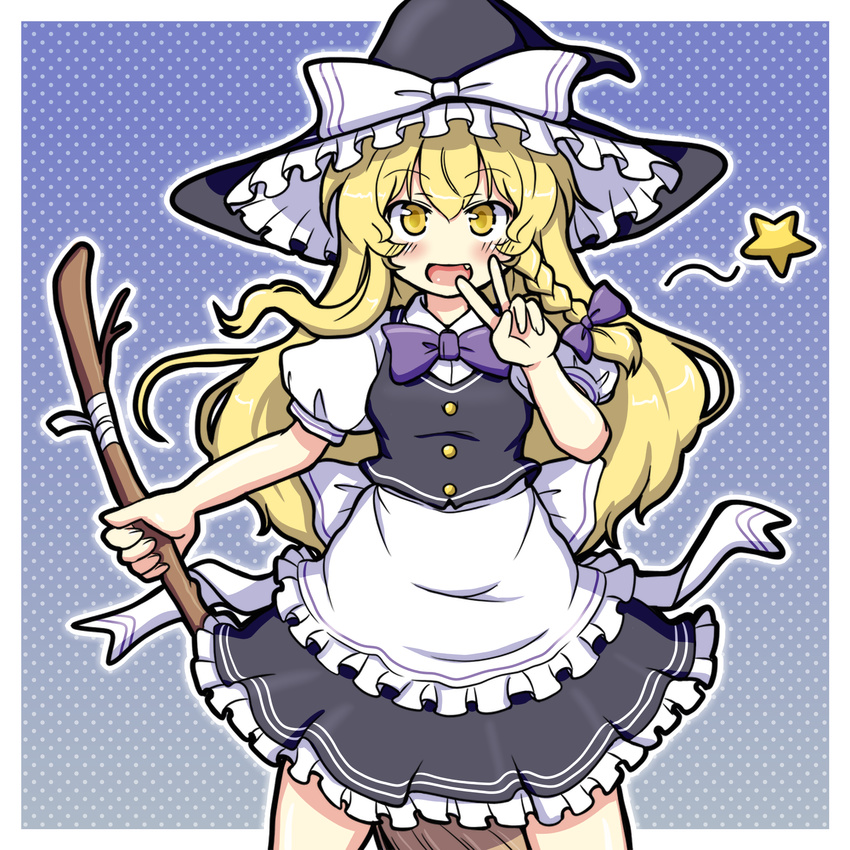 :d apron blonde_hair blush bow bowtie braid broom collared_shirt commentary_request cowboy_shot eruru_(erl) fang hair_bow hat hat_bow highres kirisame_marisa long_hair looking_at_viewer miniskirt open_mouth puffy_short_sleeves puffy_sleeves shirt short_sleeves side_braid single_braid skirt smile solo star touhou v vest waist_apron wavy_hair white_bow witch_hat yellow_eyes ze_(phrase)