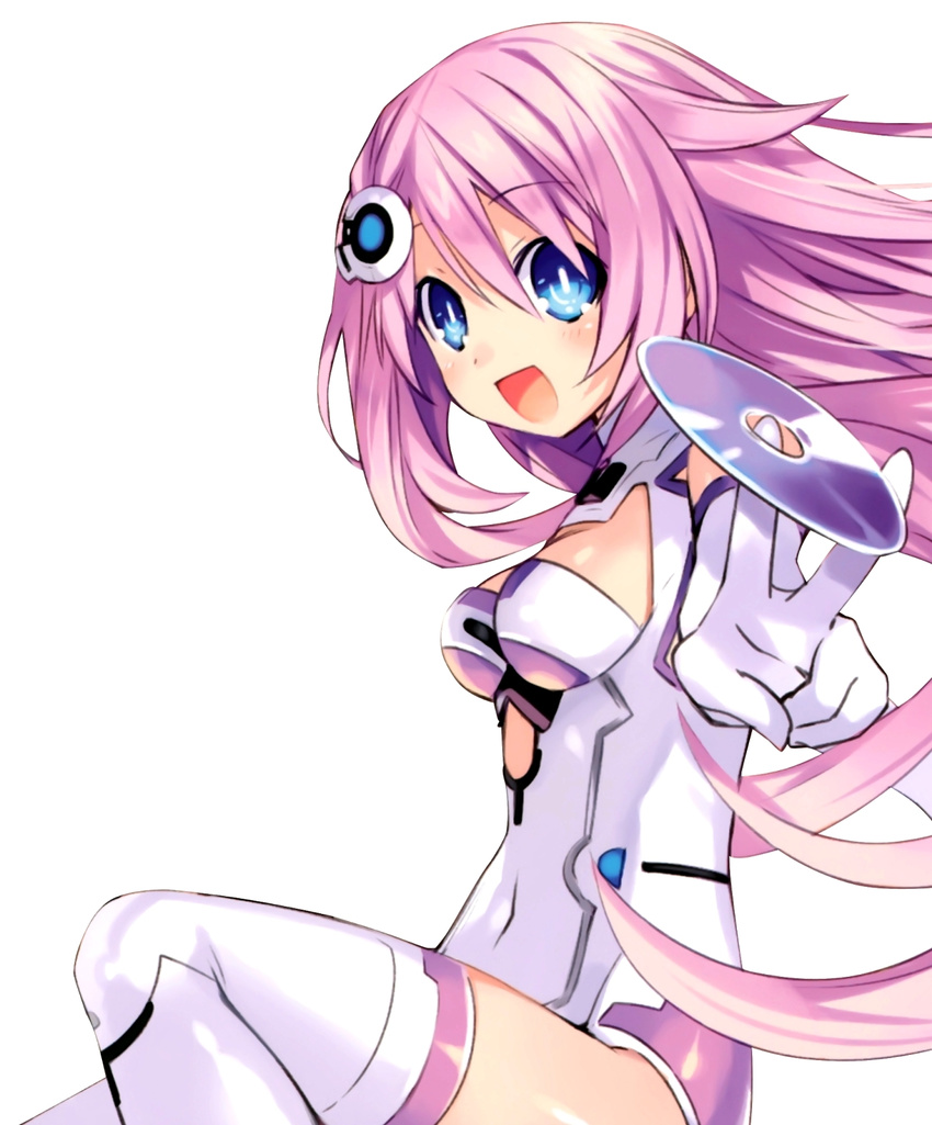 bare_shoulders blue_eyes cd choujigen_game_neptune_mk2 elbow_gloves gloves hair_between_eyes hair_ornament halterneck highres leotard long_hair looking_at_viewer nepgear neptune_(series) open_mouth pink_hair power_symbol purple_sister simple_background smile solo symbol-shaped_pupils thighhighs tsunako v white_background white_legwear