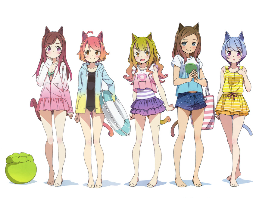 absurdres ahoge animal_ears bag bangs bare_legs barefoot bikini bikini_under_clothes blue_eyes blue_hair bow breasts brown_eyes brown_hair cat_ears frilled_skirt frills full_body gradient_hair hair_bow hand_on_own_chest handbag highres hood hooded_jacket innertube jacket kanzaki_hiro long_hair multicolored_hair multiple_girls original purple_eyes scan school_swimsuit short_hair shorts simple_background skirt small_breasts swept_bangs swimsuit white_background