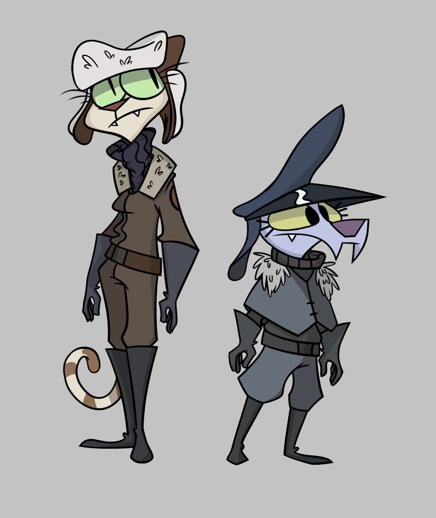 anthro boots canine cat clothed clothing dog duo eleanor fangs feline female footwear fully_clothed gloves green_sclera hat hi_res lenyavok mammal uniform yellow_sclera yvette