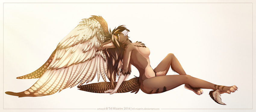anthro avian beak breasts feathered_wings feathers female gryphon inner_ear_fluff leaning leaning_back nude sitting slim smile solo tril-mizzrim white_feathers wide_hips wings