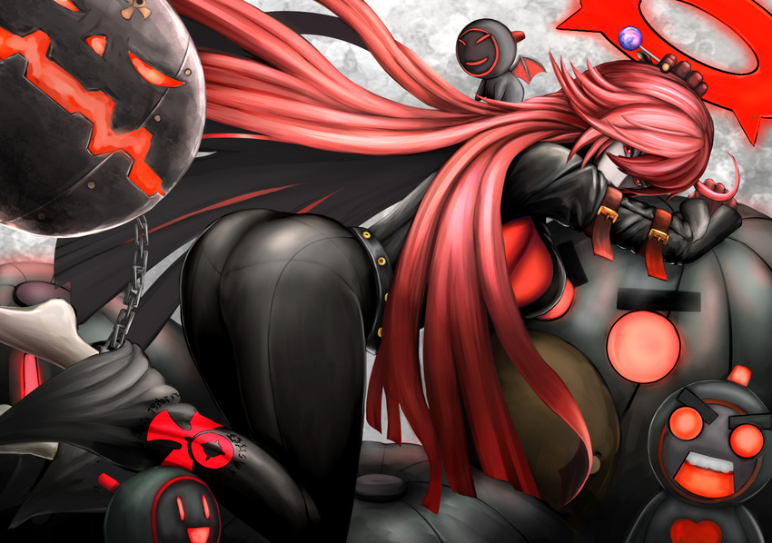 1girl :d :o ahoge alternate_color ankh arm_strap arm_support ass ball_and_chain_restraint bangs barefoot bat_wings belt bent_over black_belt black_bodysuit black_hair blunt_ends bodysuit breasts buckle candy chain emblem flipped_hair floating floating_hair food from_side full_body gloves guilty_gear guilty_gear_xrd hair_between_eyes half-closed_eyes halo hand_on_own_head heart holding holding_food jack-o'_valentine knight_servant lancer_servant large_breasts legs_together lollipop long_hair looking_at_viewer looking_back looking_to_the_side loose_belt magician_servant multicolored_hair open_mouth pale_skin pantylines parted_lips red_eyes red_gloves red_hair scagyoniku size_difference skin_tight smile studded_belt thick_eyebrows thighs two-tone_hair upper_teeth v-shaped_eyebrows very_long_hair wide-eyed wings