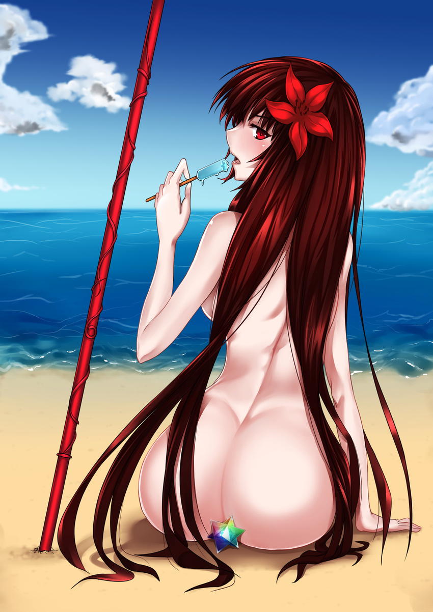 arm_at_side arm_support ass beach blue_sky blush breasts cloud convenient_censoring day eating fate/grand_order fate_(series) flower food from_behind hair_flower hair_ornament highres holding holding_food horizon kagura_ren long_hair looking_at_viewer looking_back medium_breasts nude ocean on_ground open_mouth outdoors polearm popsicle profile red_eyes red_flower red_hair saint_quartz sand scathach_(fate)_(all) scathach_(fate/grand_order) shore sideboob sitting sky solo spear stellated_octahedron summer swimsuit very_long_hair water weapon
