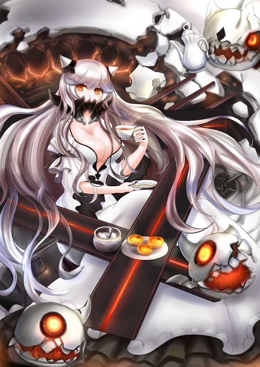 absurdres breasts cleavage cup dress enemy_aircraft_(kantai_collection) highres horns kantai_collection large_breasts long_hair midway_hime nigel.k orange_eyes solo sugar_cube tea teacup very_long_hair white_hair