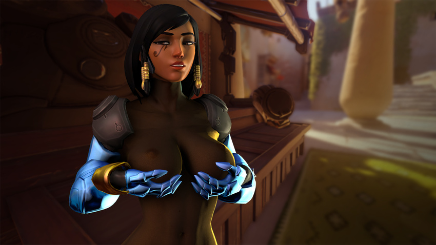 1girl 3d black_hair bodystocking bodysuit breasts cleavage erect_nipples looking_at_viewer naughty_face open_mouth overwatch pharah_(overwatch) short_hair tan_skin tanned tattoo