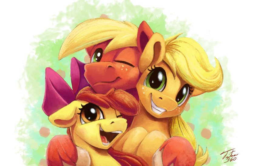 2018 apple_bloom_(mlp) applejack_(mlp) big_macintosh_(mlp) brother brother_and_sister earth_pony equine female feral freckles friendship_is_magic green_eyes grin group horse mammal my_little_pony open_mouth pony sibling sister sisters smile tsitra360 young