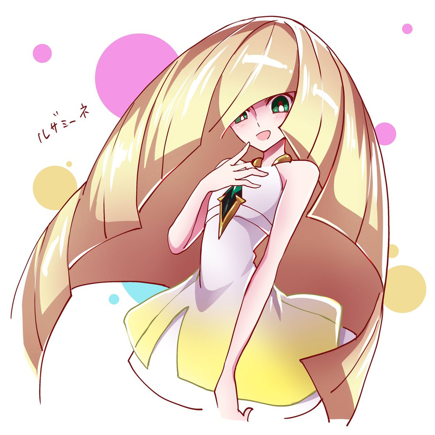 1girl asymmetrical_hair bare_shoulders blonde_hair dress green_eyes hair_over_one_eye highres long_hair lusamine pokemon pokemon_(game) pokemon_sm sharumon sleeveless smile very_long_hair