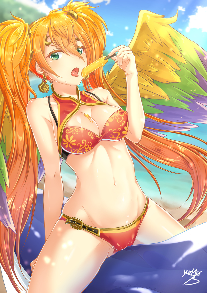 bikini bird_wings breasts cleavage cloud covered_nipples day food green_eyes highres leilan_(p&amp;d) long_hair medium_breasts navel open_mouth orange_hair outdoors popsicle puzzle_&amp;_dragons solo spilling swimsuit tongue tongue_out twintails wings yuzutosen