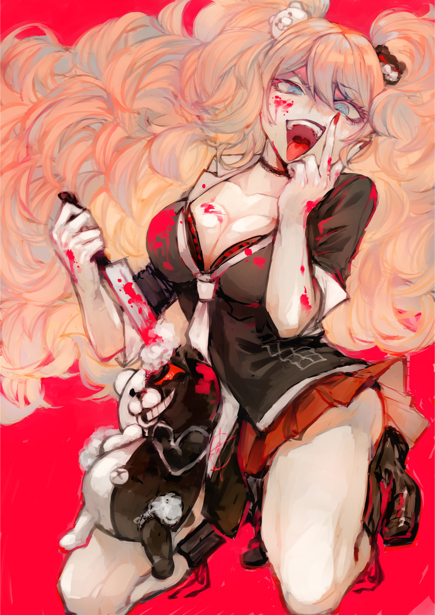 blood cleavage dangan-ronpa enoshima_junko monokuma open_shirt tagme weapon