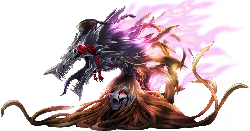 black_sclera blonde_hair crack crescent dragon fangs glowing glowing_eye junko_(touhou) long_hair mazeran monster no_humans open_mouth pale_skin parody persona pom_pom_(clothes) red_eyes sharp_teeth shin_megami_tensei skeleton solo teeth touhou transparent_background very_long_hair