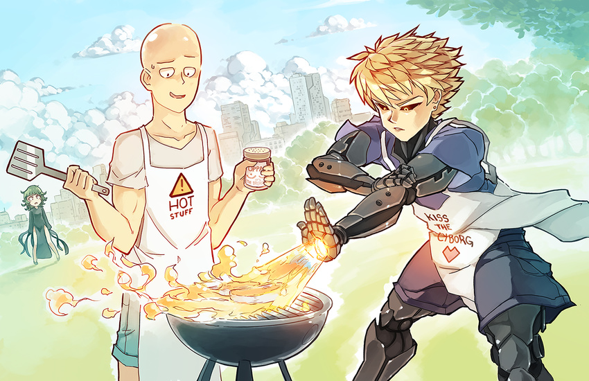 2boys apron bald black_sclera blonde_hair cityscape clothes_writing cloud collarbone commentary cyborg day dutch_angle earrings english_commentary fire food genos green_hair grill grilling jewelry multiple_boys mundane_utility one-punch_man outdoors rtil saitama_(one-punch_man) short_hair side_slit steak stud_earrings sweatdrop tatsumaki yellow_eyes you're_doing_it_wrong
