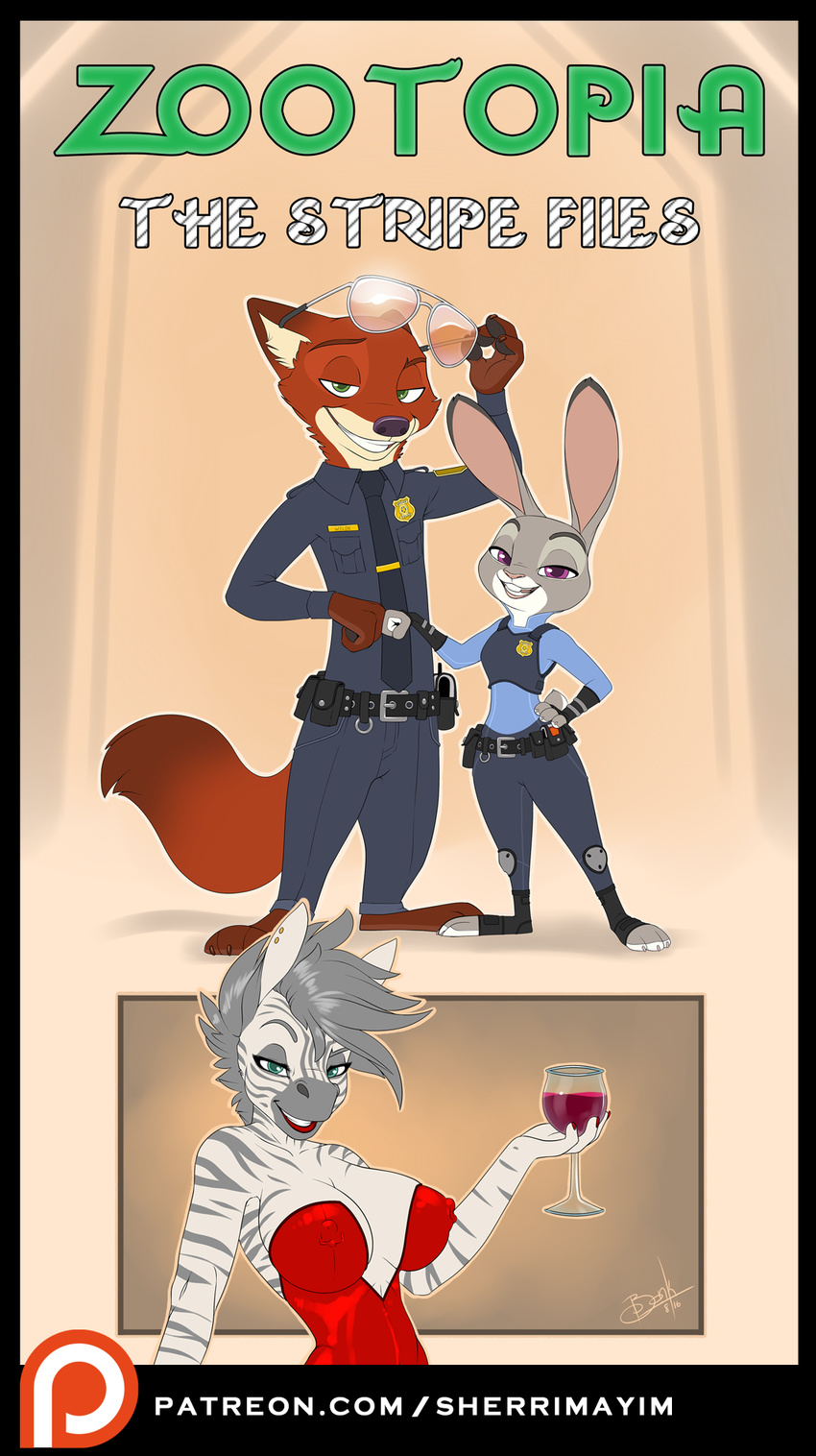 alcohol anthro beverage big_breasts bonk breasts clothing dickgirl disney dress equine eyewear female fist_bump glasses herm hindpaw intersex judy_hopps lagomorph looking_at_viewer madame_stripe mammal nick_wilde nipples open_mouth paws penis rabbit sherri_mayim simple_background smile story story_in_description sunglasses villainous wine zootopia