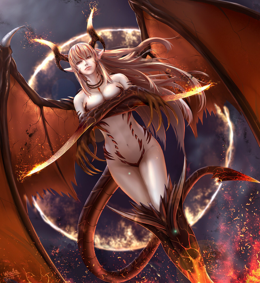 bad_id bad_pixiv_id blonde_hair breast_hold breasts claws cleavage closed_mouth commentary_request dragon_girl dragon_horns dragon_tail dragon_wings dutch_angle elbow_blade fire highres horns jewelry large_breasts long_hair looking_at_viewer monster_girl navel original pendant pointy_ears red_eyes solo stomach tail very_long_hair wings zeroshiki_kouichi