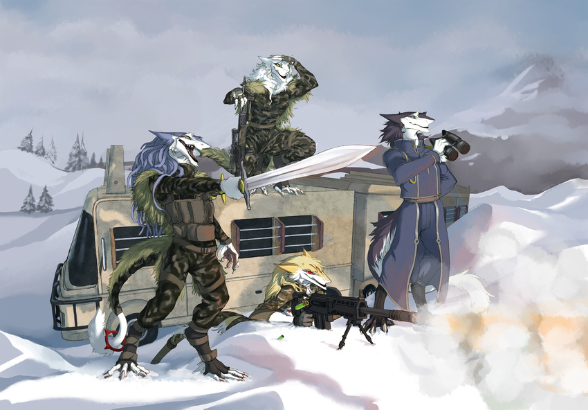 black_fur black_sclera blue_fur blue_hair bullet fur gun hair melee_weapon open_mouth raesheris rain_silves ranged_weapon riku_tavash sergal shooting snow sword tree weapon white_fur yellow_fur