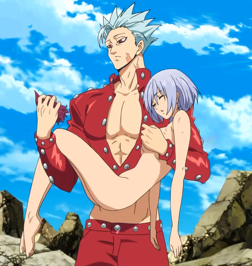 1boy 1girl ass ban_(nanatsu_no_taizai) barefoot blue_hair breast_grab breasts carrying cloud eyes_closed jericho_(nanatsu_no_taizai) muscle nanatsu_no_taizai nude open_jacket open_mouth red_eyes scar screencap short_hair silver_hair sky thighs