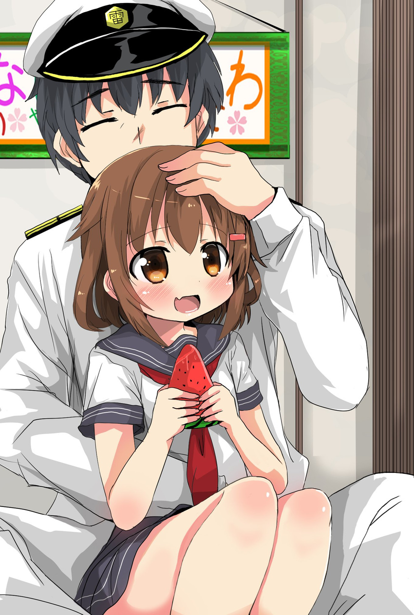 1girl admiral_(kantai_collection) arm_around_waist black_hair blush brown_eyes brown_hair closed_eyes commentary_request fang food fruit hair_ornament hairclip hand_on_another's_head hat highres holding holding_food holding_fruit ikazuchi_(kantai_collection) indoors kantai_collection military military_uniform naval_uniform neckerchief open_mouth oshiruko_(uminekotei) peaked_cap red_neckwear school_uniform serafuku short_hair short_sleeves sitting sitting_on_lap sitting_on_person skirt smile uniform watermelon