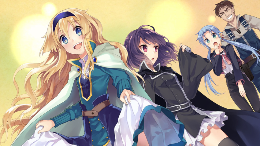 3girls :d :o ^_^ ahoge aqua_dress aqua_eyes black_legwear black_pants blonde_hair blue_eyes blue_hair blush braid brown_hair cape closed_eyes collarbone dress dutch_angle eyebrows eyebrows_visible_through_hair facial_hair fault game_cg gloves grey_gloves grin hairband hertzwann_gkrouwlies highres konatsu_hare long_hair long_sleeves looking_at_another low_twintails multiple_girls mustache official_art open_mouth overalls pants parted_lips partly_fingerless_gloves pink_eyes purple_hair ritona_reighnvhasta rune_(fault) selphine_rughzenhaide shirt short_hair skirt skirt_hold sleeves_past_wrists smile thighhighs twintails very_long_hair wide_sleeves