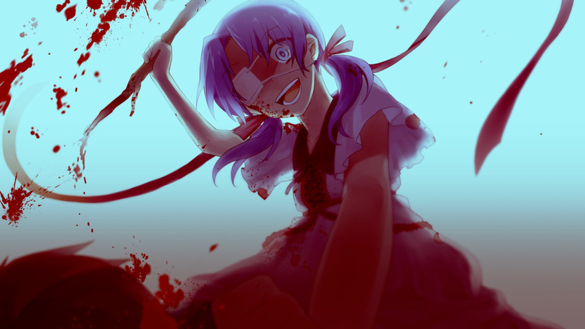 :d blood blood_on_face blood_splatter bloody_clothes blue_background blue_eyes collarbone dress eyebrows eyebrows_visible_through_hair eyepatch fault from_below game_cg hair_ribbon highres holding konatsu_hare low_twintails medical_eyepatch official_art open_mouth pink_ribbon resized ribbon rune_(fault) shaded_face sitting sitting_on_person smile solo spoilers stick twintails upscaled white_dress