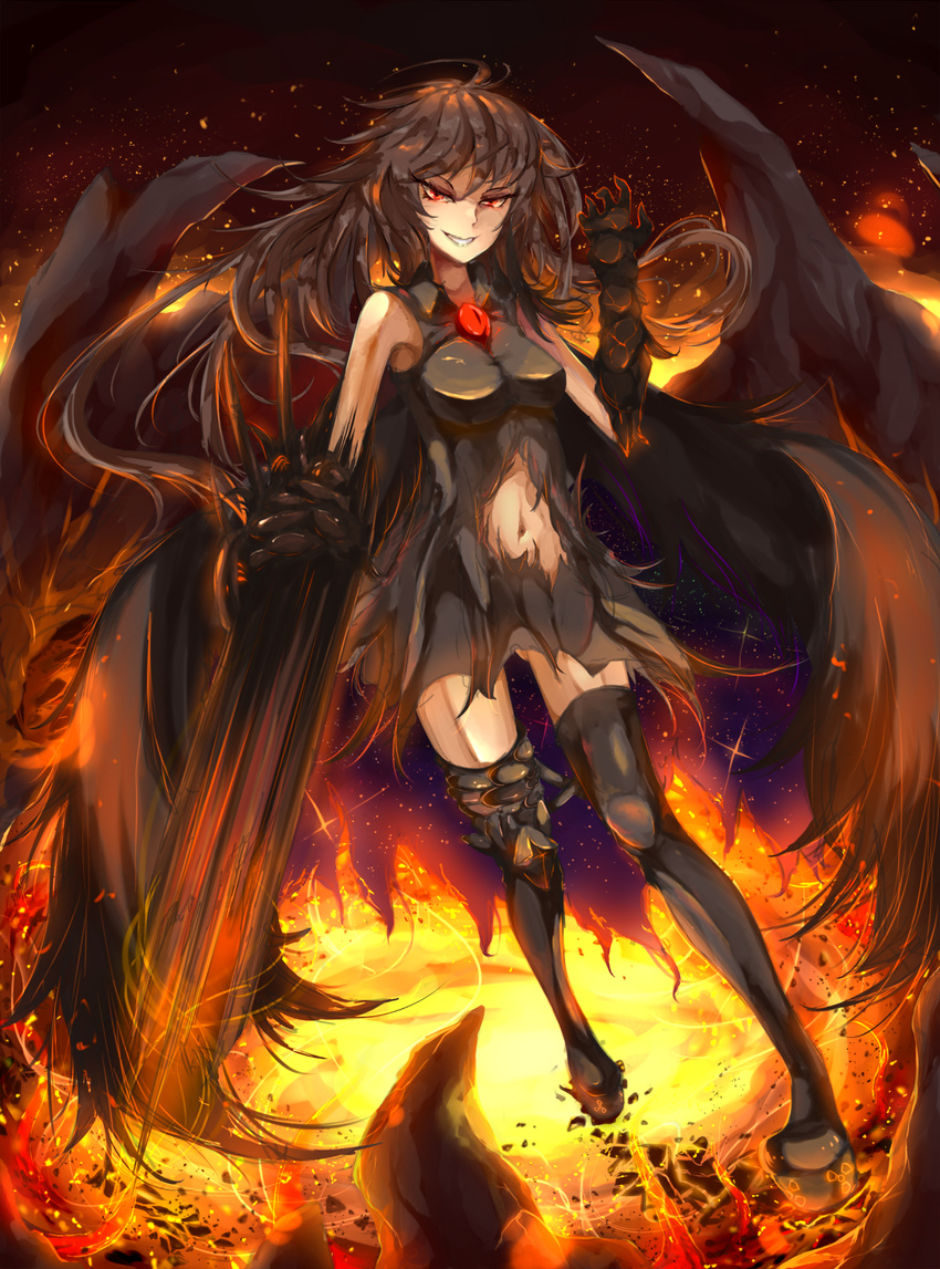 alternate_costume alternate_weapon arm_cannon black_hair black_wings blizzomos boots breasts cape dress evil_grin evil_smile fire grin highres long_hair medium_breasts mismatched_footwear navel radiation_symbol red_eyes reiuji_utsuho smile solo thigh_boots thighhighs third_eye torn_clothes touhou very_long_hair weapon wings
