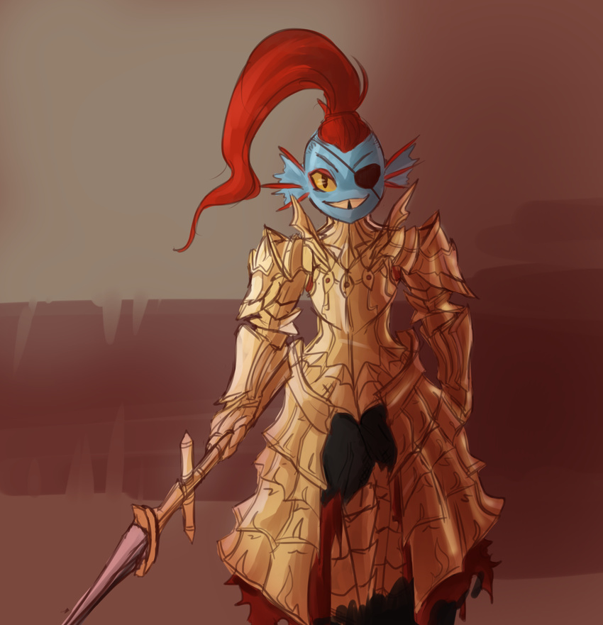 1girl armor eyepatch female grin long_hair long_ponytail looking_at_viewer ponytail red_hair smile solo spear standing tagme undertale undyne upper_body weapon zana