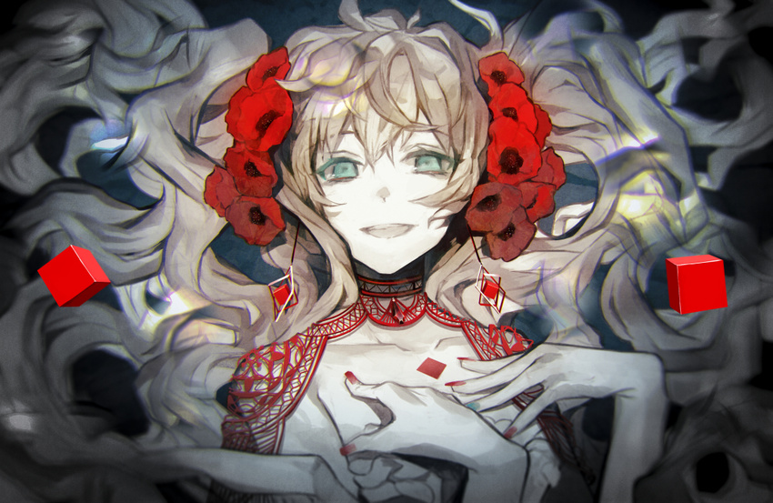 bare_shoulders collarbone cube dress earrings flower frilled_dress frills green_eyes grey_hair hair_flower hair_ornament hands_on_own_chest jewelry lace long_hair nail_polish nozaki_tsubata open_mouth original red_nails solo twintails upper_body