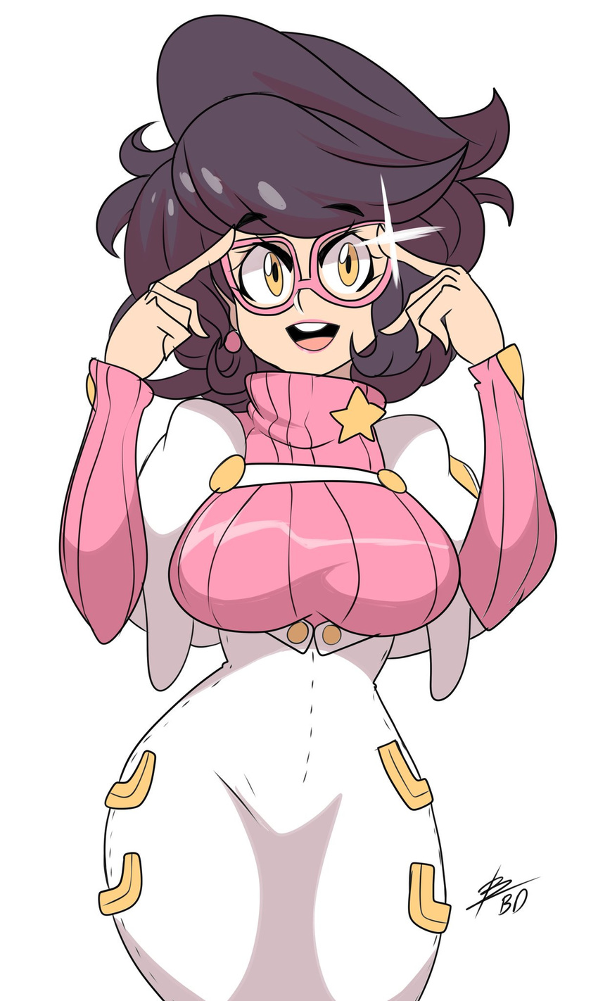 bigdead93 breasts curvy eyebrows glasses highres large_breasts looking_at_viewer pokemon pokemon_(game) pokemon_sm ribbed_sweater round_teeth smile solo sweater teeth thick_eyebrows turtleneck wicke_(pokemon) wide_hips yellow_eyes