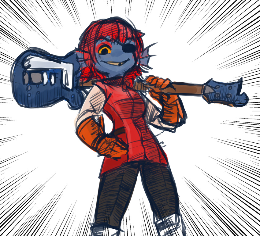 1girl cosplay eyepatch female flcl grin guitar haruhara_haruko haruhara_haruko_(cosplay) looking_at_viewer parody red_hair short_hair smile solo standing tagme undertale undyne upper_body weapon zana