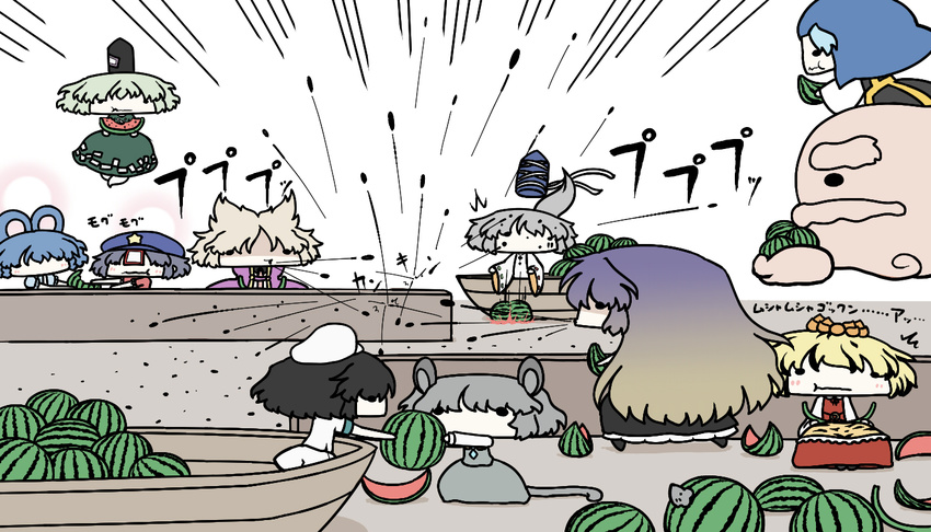 animal_ears black_hair blonde_hair blue_hair blush boat chibi commentary_request dropping eating floating food fruit ghost_tail gradient_hair green_hair grey_hair hair_ribbon hat hijiri_byakuren hood jiangshi kaku_seiga kumoi_ichirin kurokoori long_hair long_sleeves miyako_yoshika mononobe_no_futo motion_lines mouse_ears mouse_tail multicolored_hair multiple_girls murasa_minamitsu nazrin ofuda pointy_hair ponytail purple_hair revision ribbon short_hair short_sleeves sitting soga_no_tojiko solid_circle_eyes standing star tail tate_eboshi toramaru_shou touhou toyosatomimi_no_miko two-tone_hair unzan watercraft watermark watermelon watermelon_seeds wide_face wide_sleeves