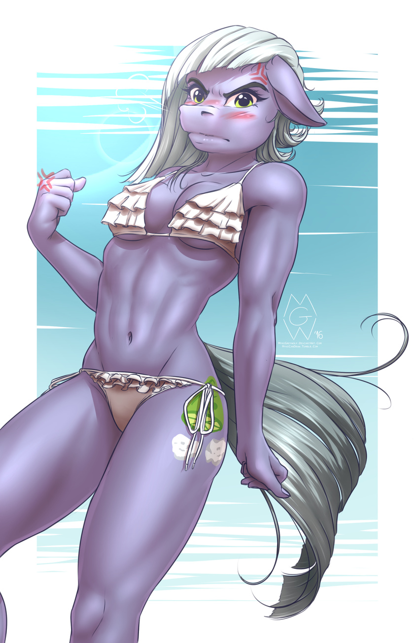 2016 absurd_res anthro anthrofied bikini blush clothing cutie_mark earth_pony equine female friendship_is_magic green_eyes hair hi_res horse limestone_pie_(mlp) looking_at_viewer mammal my_little_pony mykegreywolf navel pony solo swimsuit