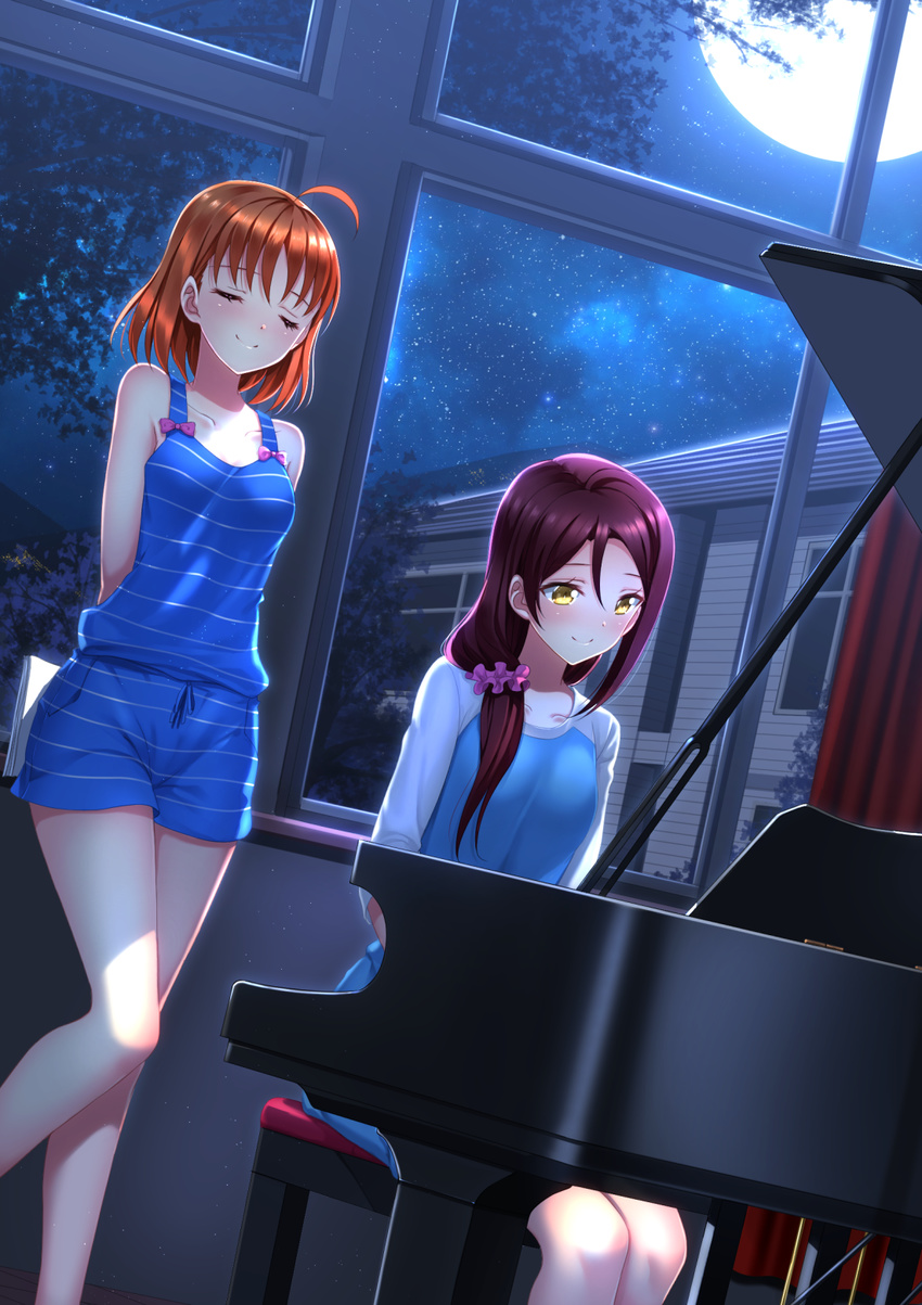 blush closed_eyes hair_ornament hair_scrunchie highres instrument long_hair love_live! love_live!_sunshine!! moon multiple_girls music night orange_hair piano playing_instrument playing_piano sakurauchi_riko scrunchie short_hair shorts sitting smile star swordsouls takami_chika tree yellow_eyes