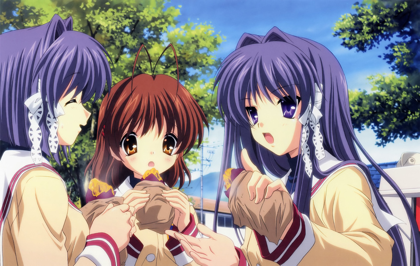 absurdres antenna_hair brown_eyes brown_hair clannad closed_eyes food fujibayashi_kyou fujibayashi_ryou furukawa_nagisa highres hikarizaka_private_high_school_uniform ikeda_kazumi long_hair multiple_girls non-web_source official_art purple_eyes purple_hair school_uniform short_hair siblings sisters sweet_potato twins