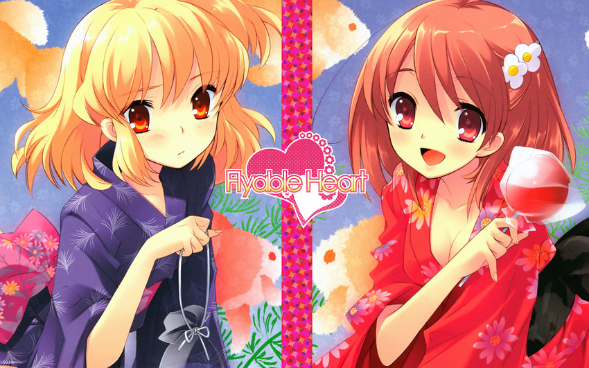 blonde_hair breasts brown_hair cleavage flyable_heart highres inaba_yui itou_noiji japanese_clothes kimono multiple_girls short_hair small_breasts sumeragi_amane wallpaper