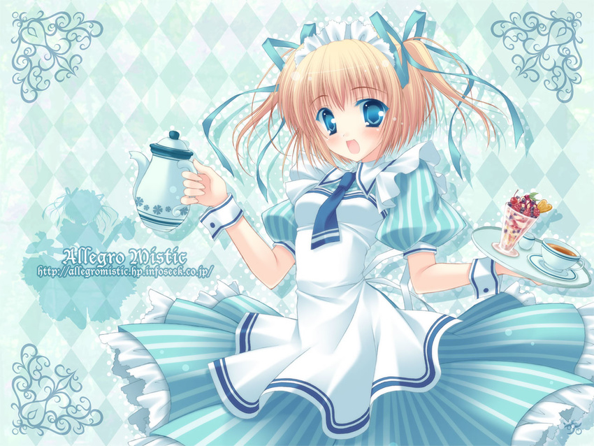 blonde_hair blue_eyes checkered hair_ribbon original ribbon short_hair solo takano_yuki_(allegro_mistic) teapot tray twintails waitress wallpaper wrist_cuffs