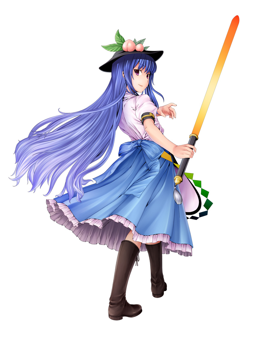 absurdres bad_id bad_pixiv_id blue_hair boots captain_freedom food fruit full_body hat highres hinanawi_tenshi long_hair looking_back peach purple_eyes solo sword sword_of_hisou touhou transparent_background weapon
