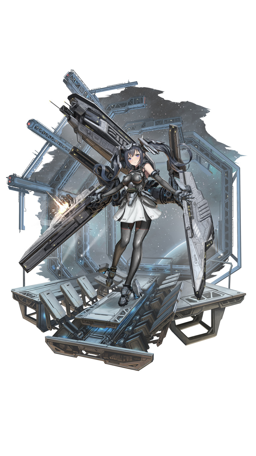1girl absurdres bangs black_hair blush bodysuit boots breasts commentary_request copyright_request elbow_gloves gloves headgear highres long_hair looking_at_viewer mecha_musume medium_breasts nihoshi_(bipedal_s) personification planet purple_eyes science_fiction skirt solo space twintails